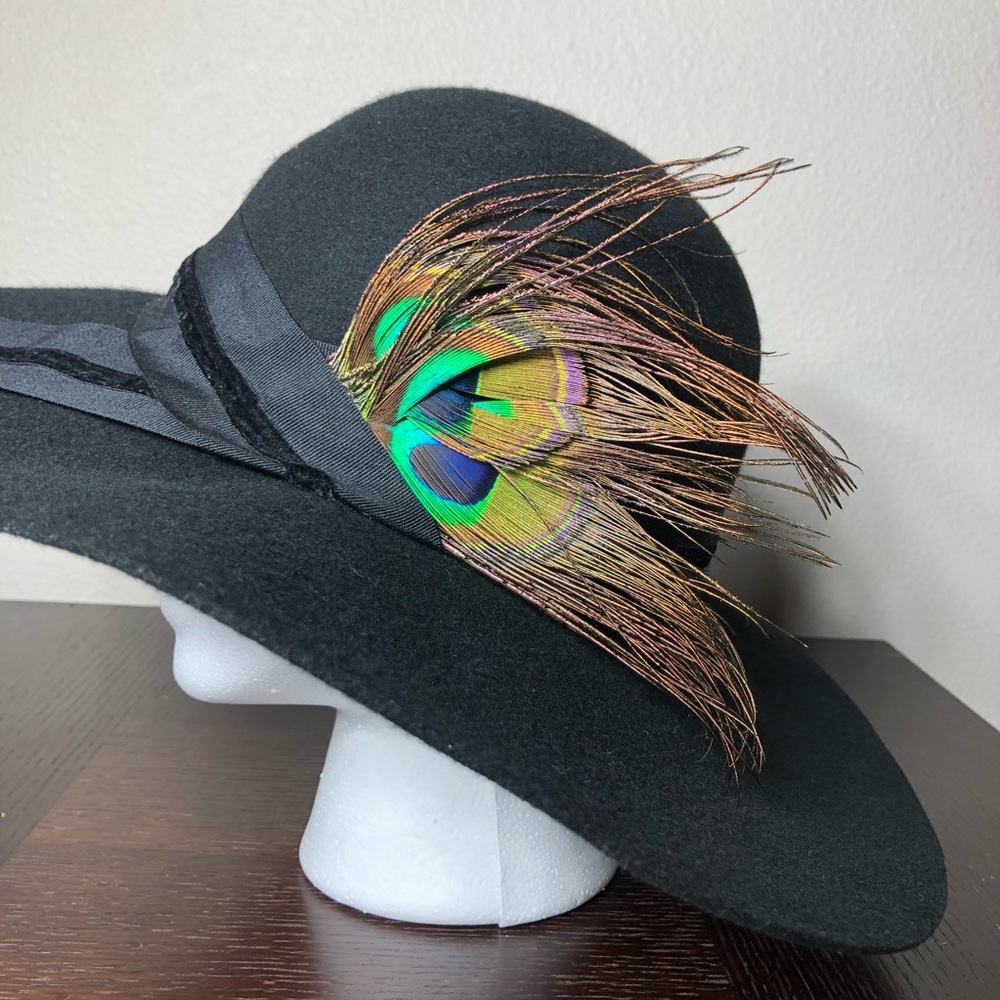 Cynthia Rowley Wool Black Fedora Cloche Wide Brim Peacock Feathers bohemian Hat - Picture 3 of 14